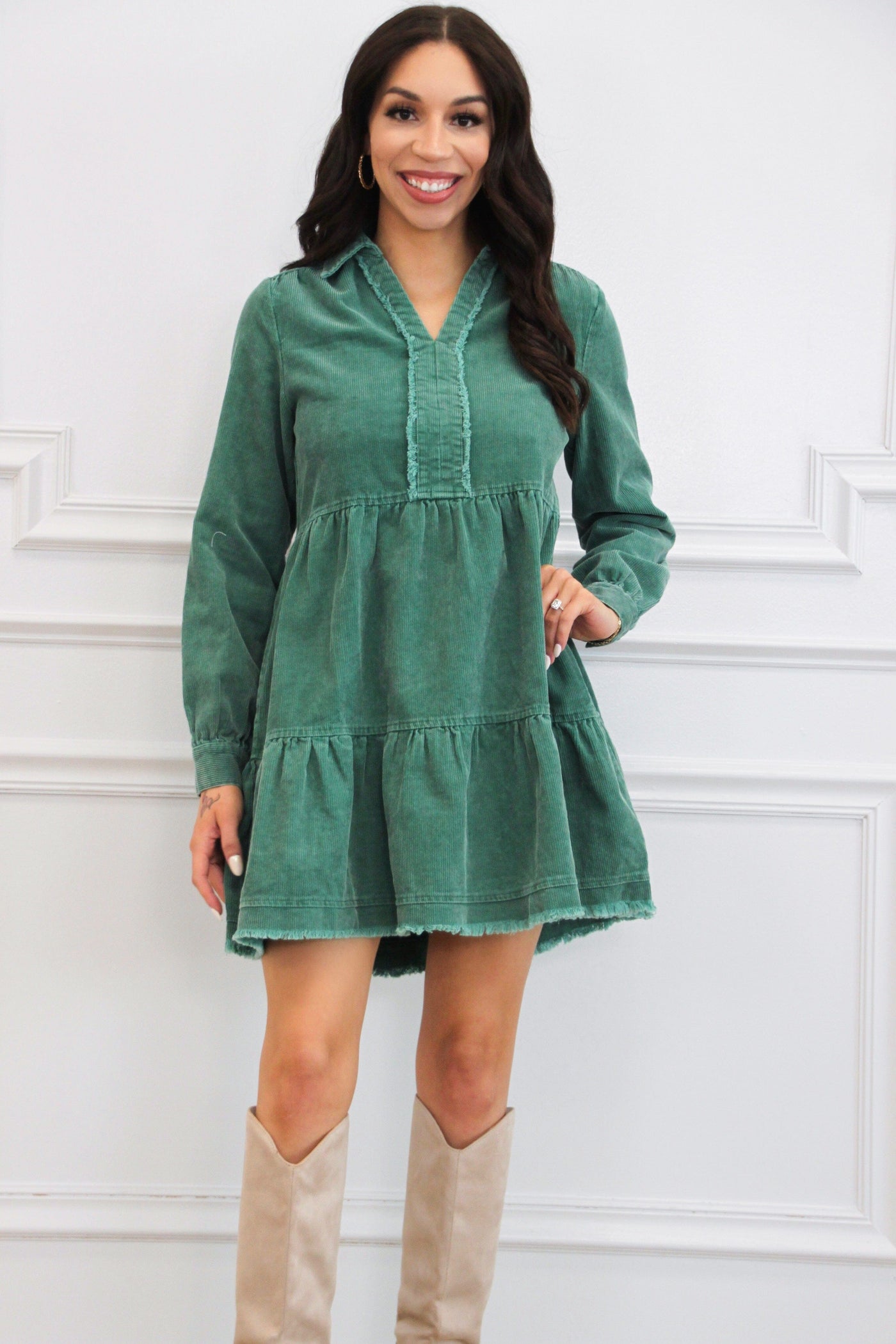 Sammy Corduroy Long Sleeve Dress: Green - Bella and Bloom Boutique