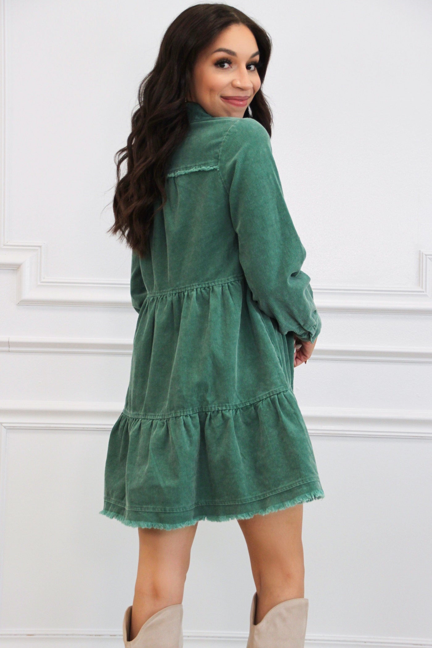 Sammy Corduroy Long Sleeve Dress: Green - Bella and Bloom Boutique