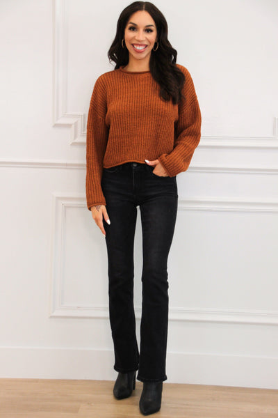 Jamelia Rolled Edge Cropped Sweater: Chocolate Rust - Bella and Bloom Boutique