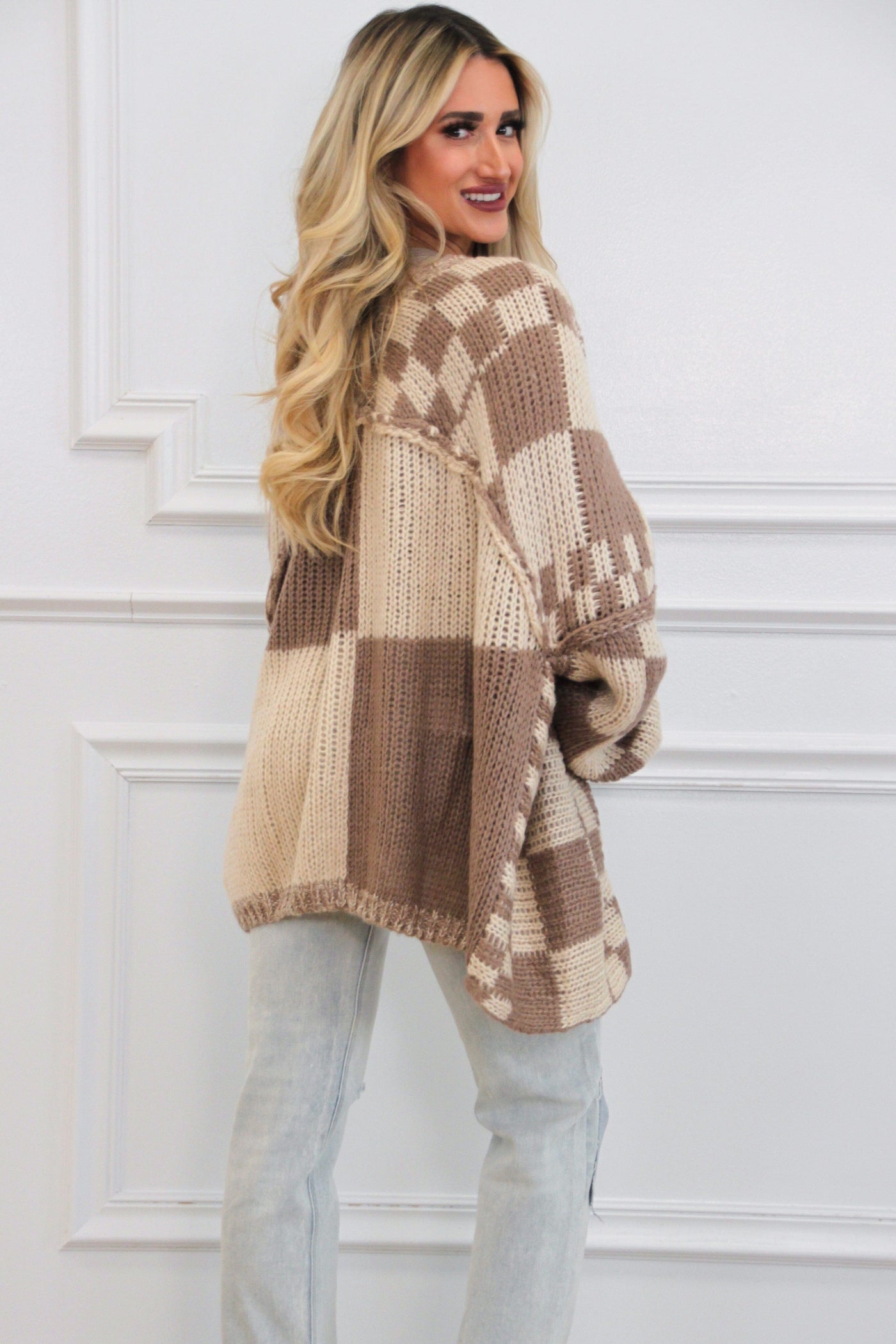 Abbey Oversized Slouchy Checkered Cardigan: Taupe - Bella and Bloom Boutique