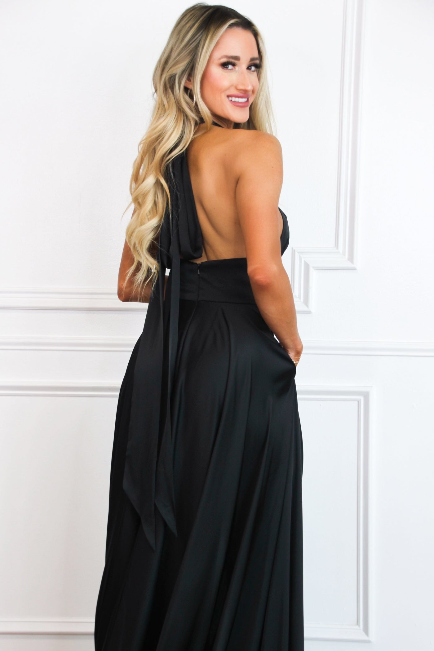 Jaycee Satin Halter Neck Slit Formal Dress: Black - Bella and Bloom Boutique