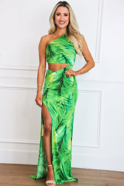 Ava Cutout One Shoulder Maxi Dress: Green/Yellow Palm - Bella and Bloom Boutique