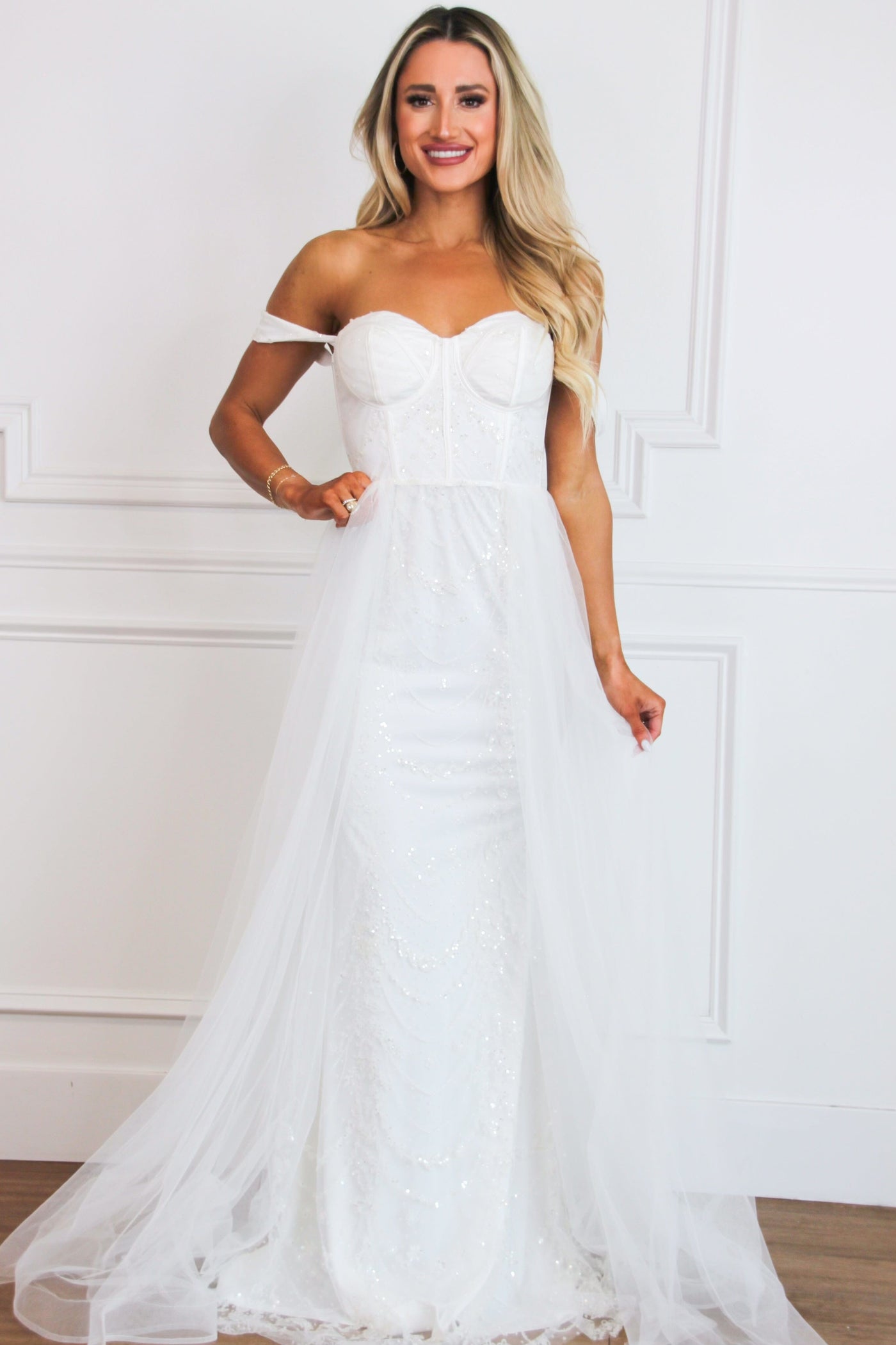 Azia Bustier Cape Sequin Off Shoulder Maxi Dress: White - Bella and Bloom Boutique