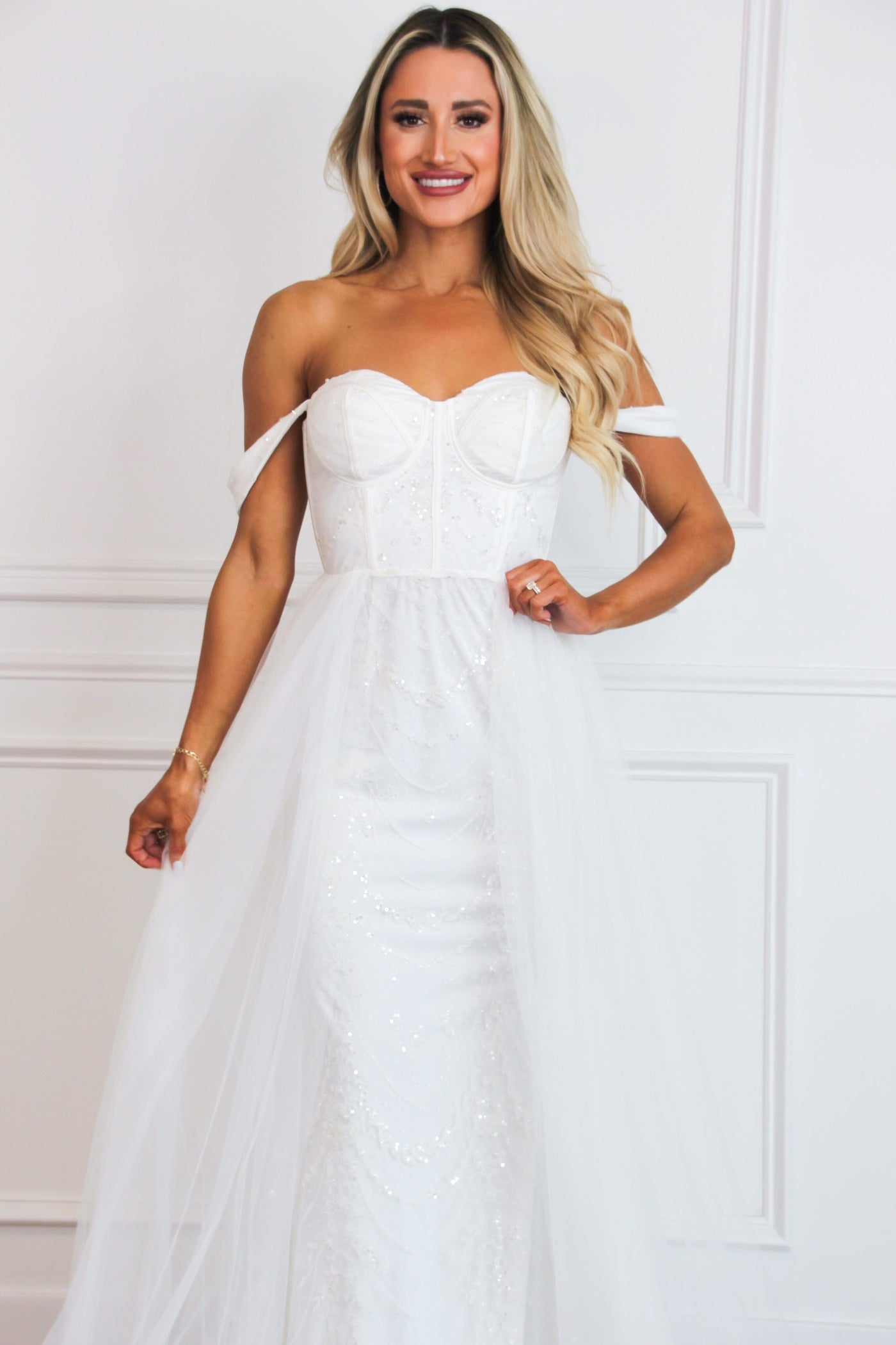 Azia Bustier Cape Sequin Off Shoulder Maxi Dress: White - Bella and Bloom Boutique