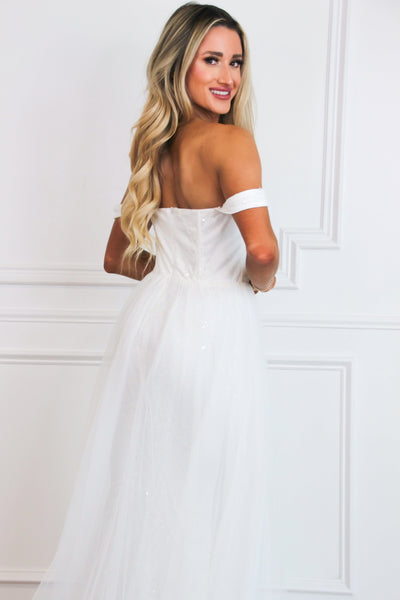 Azia Bustier Cape Sequin Off Shoulder Maxi Dress: White - Bella and Bloom Boutique