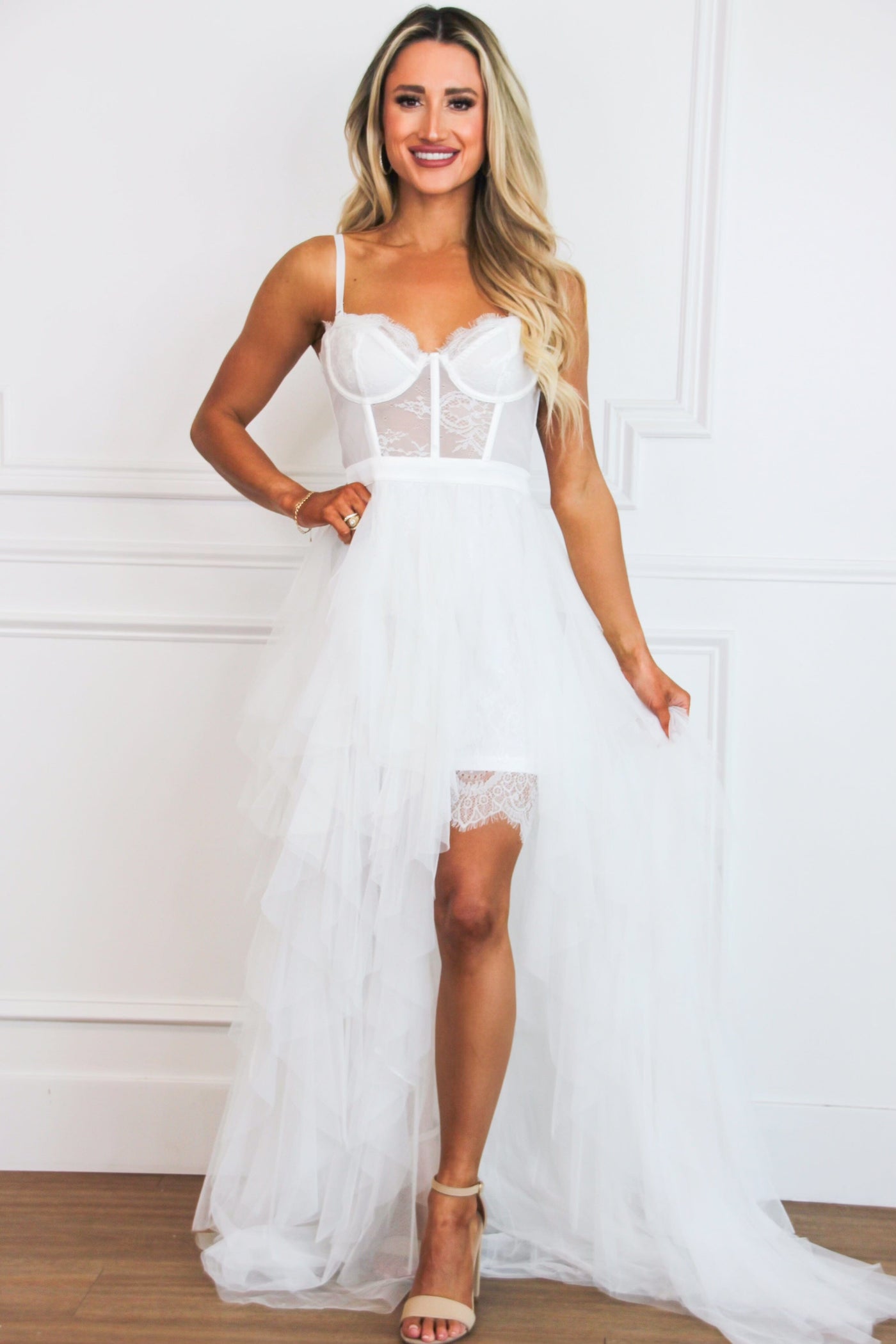 Be My Soulmate Lace Bustier Ruffle Maxi Dress: White - Bella and Bloom Boutique