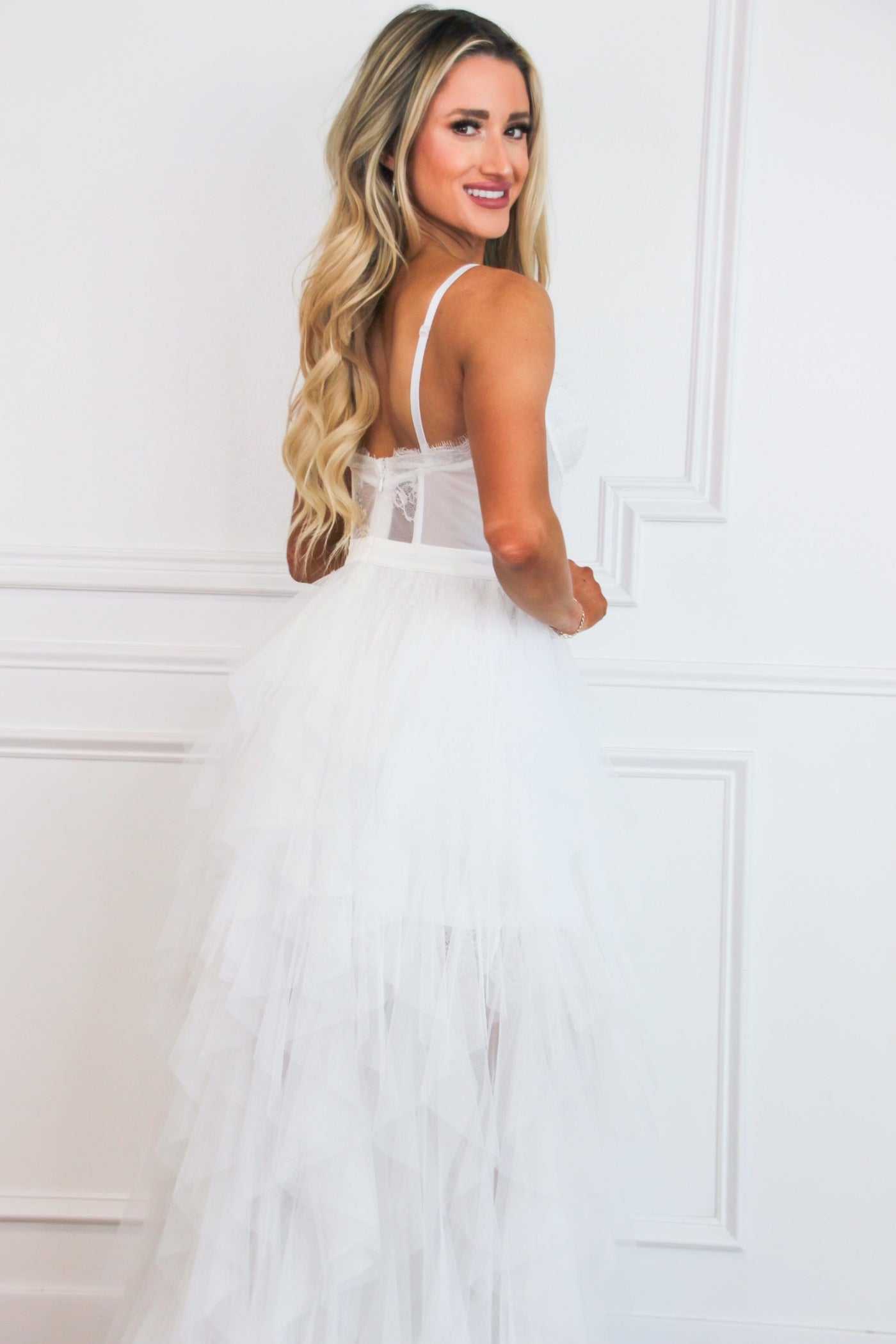 Be My Soulmate Lace Bustier Ruffle Maxi Dress: White - Bella and Bloom Boutique
