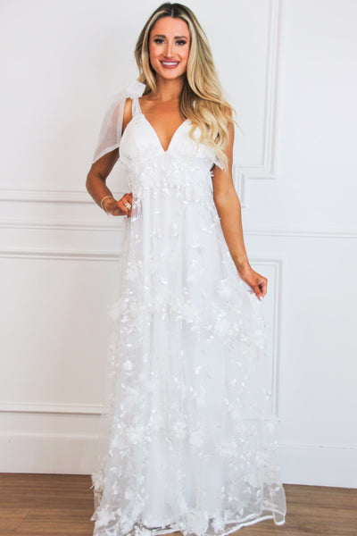 Finding Romance Floral Applique Maxi Dress: White - Bella and Bloom Boutique