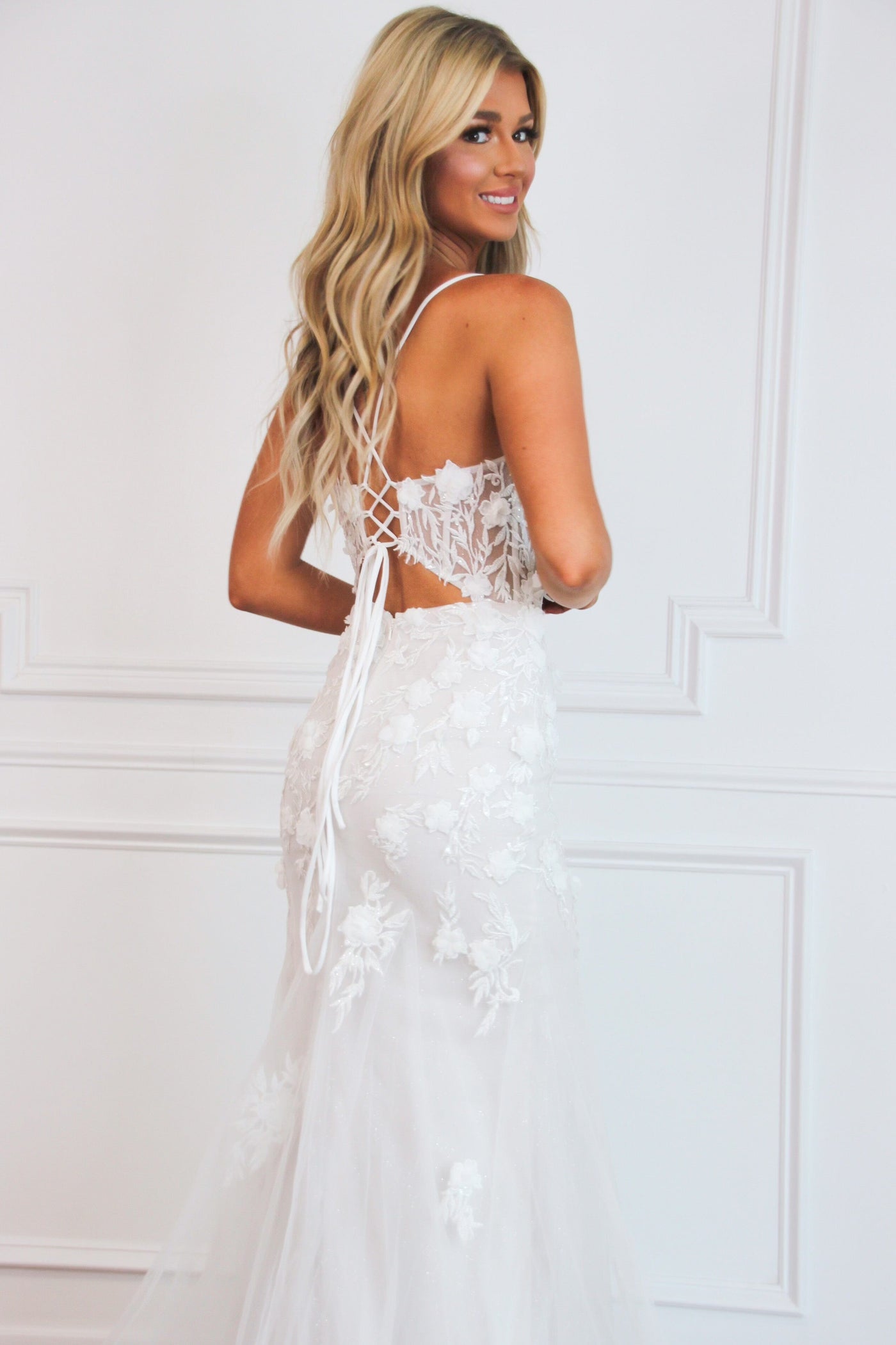 Eden Floral Applique Sparkly Mermaid Wedding Dress: Off White/Nude - Bella and Bloom Boutique