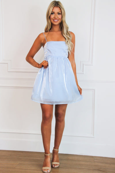 Butterfly Kisses Bow Back Babydoll Shimmer Dress: Light Blue - Bella and Bloom Boutique