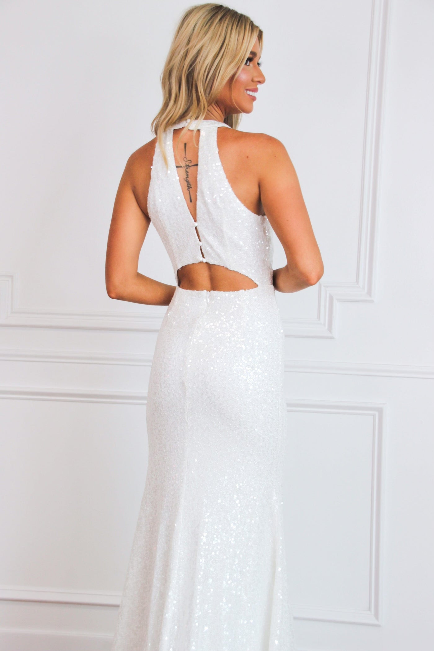 Karlee High Neck Sequin Maxi Dress: White - Bella and Bloom Boutique