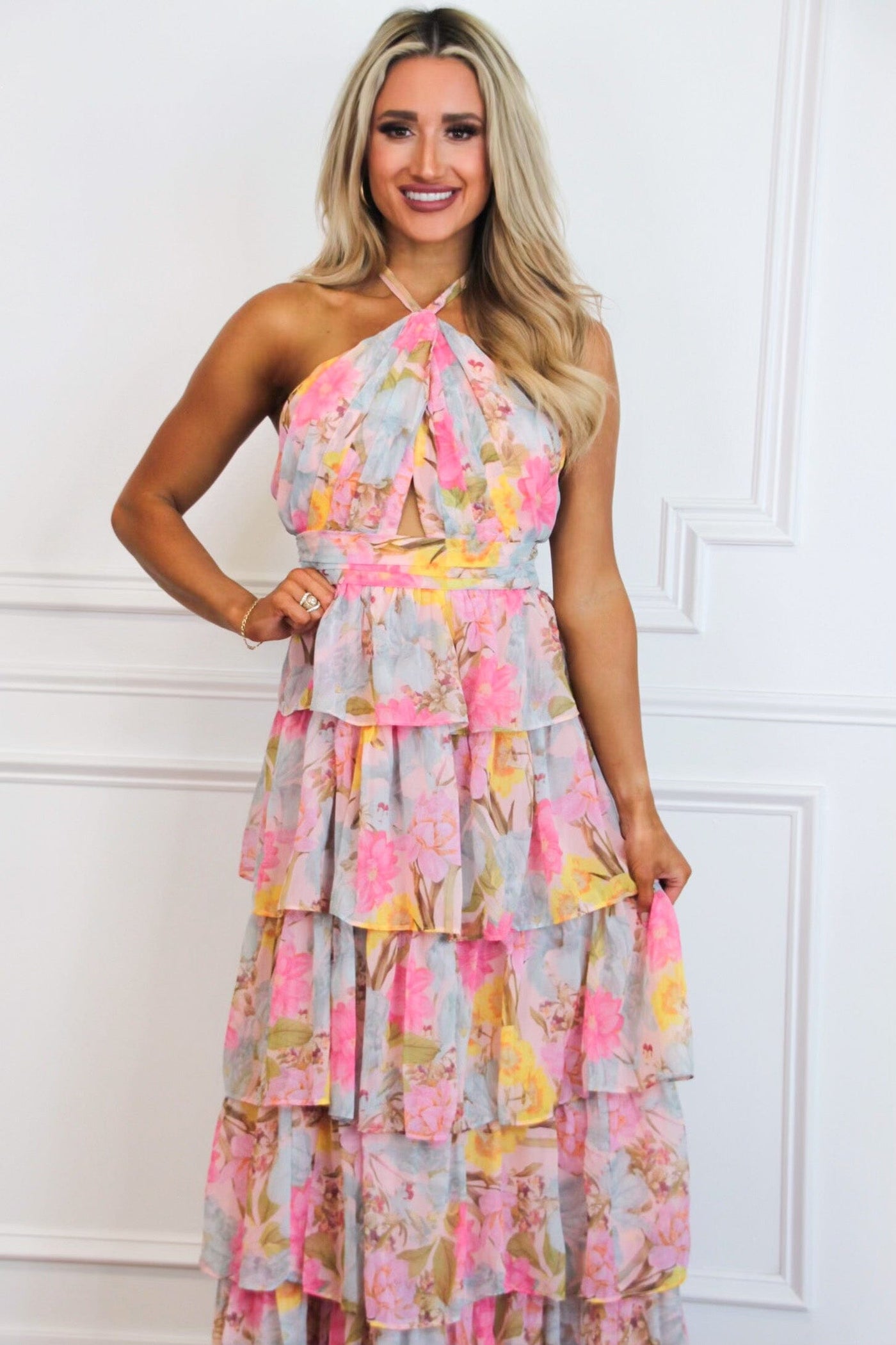 Sylvia Tiered Ruffle Floral Maxi Dress: Light Blue/Pink Multi - Bella and Bloom Boutique