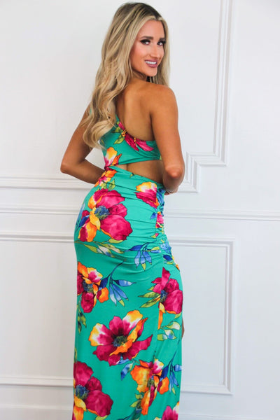 Ava Cutout One Shoulder Maxi Dress: Jade Green Floral - Bella and Bloom Boutique