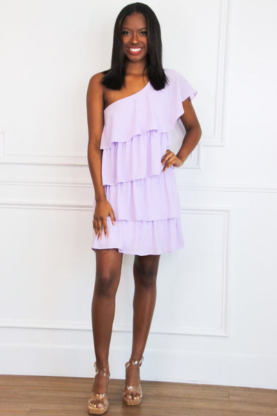 Just a Crush One Shoulder Tiered Ruffle Dress: Lavender - Bella and Bloom Boutique