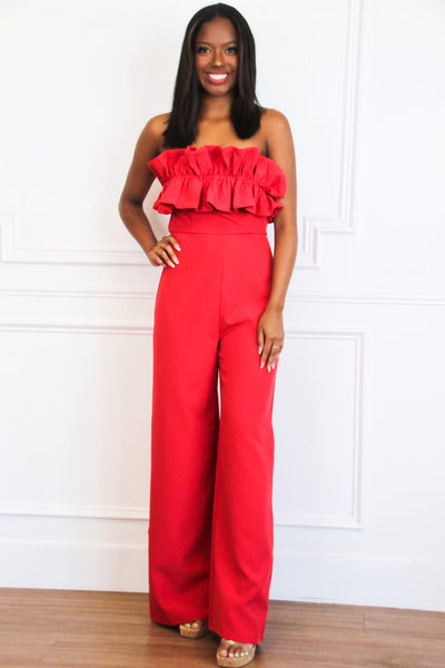 No Strings Attached Ruffle Jumpsuit: Red - Bella and Bloom Boutique