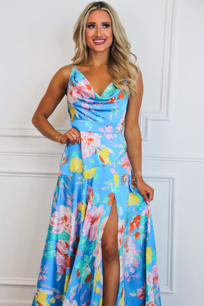 Dreaming in Color Floral Satin Maxi Dress: Ocean Blue - Bella and Bloom Boutique
