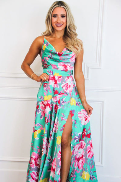 Dreaming in Color Floral Satin Maxi Dress: Jade Green - Bella and Bloom Boutique