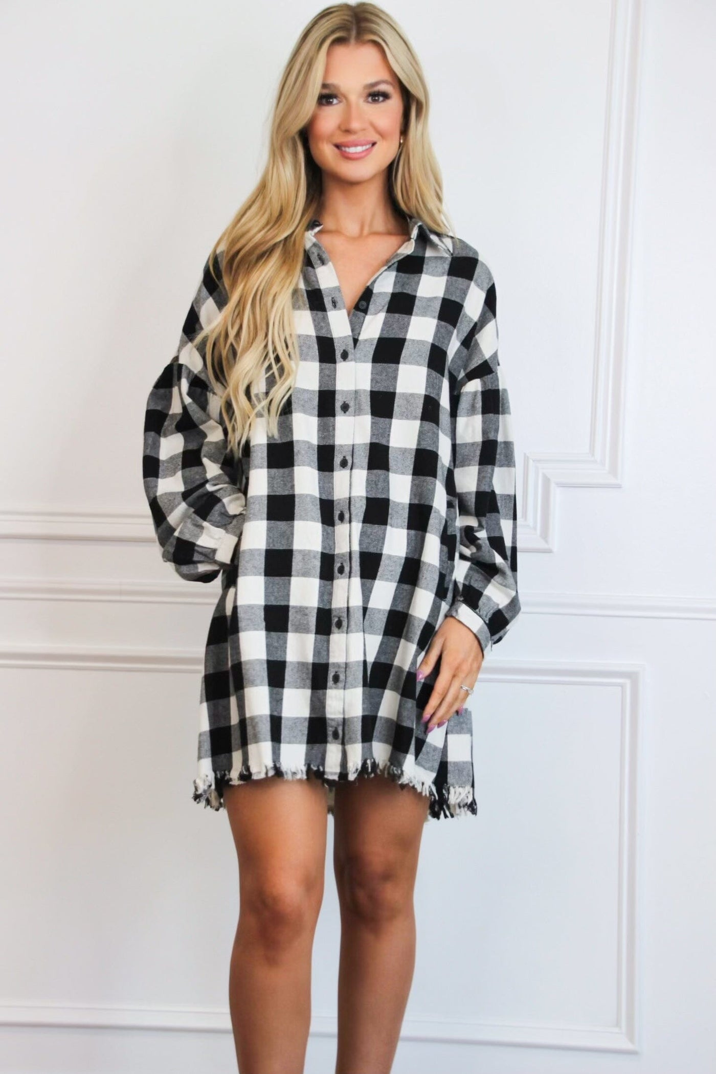 Pumpkin Patch Plaid Shirt Dress: Black/White - Bella and Bloom Boutique