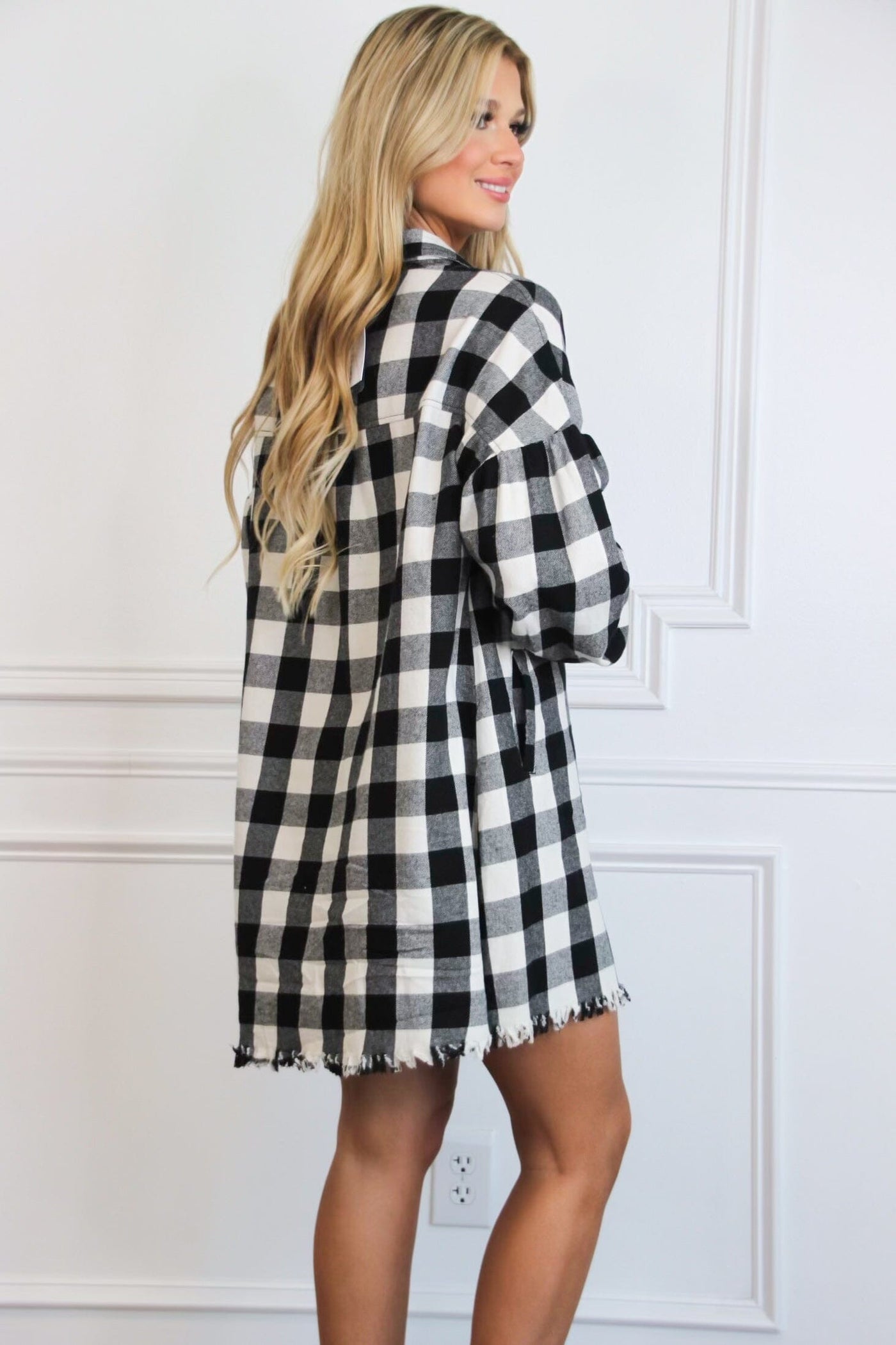 Pumpkin Patch Plaid Shirt Dress: Black/White - Bella and Bloom Boutique