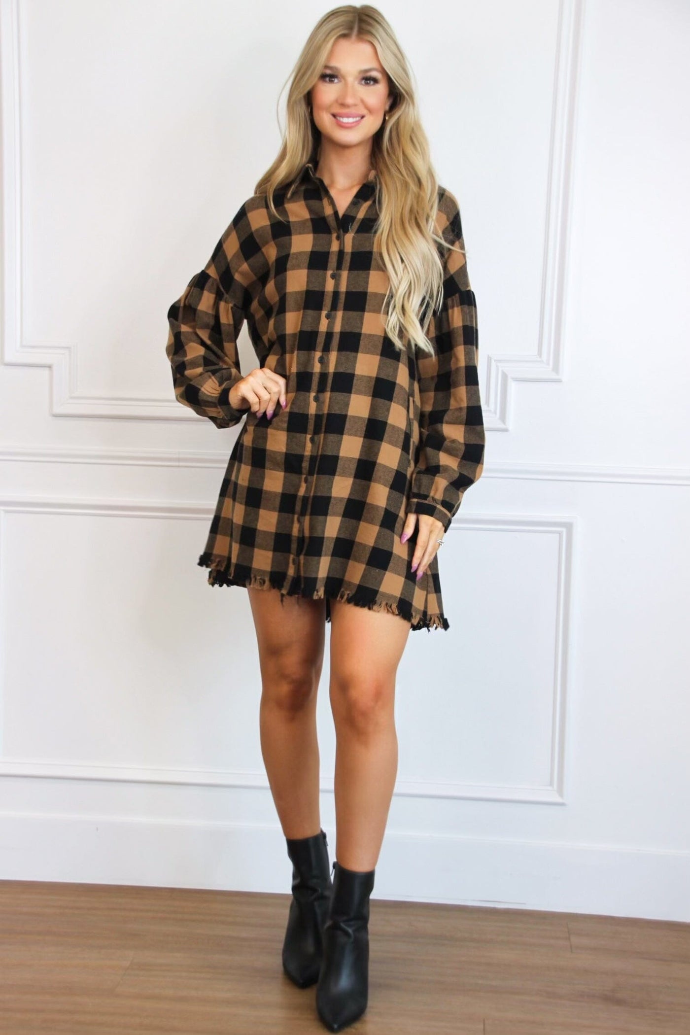 Pumpkin Patch Plaid Shirt Dress: Camel/Black - Bella and Bloom Boutique