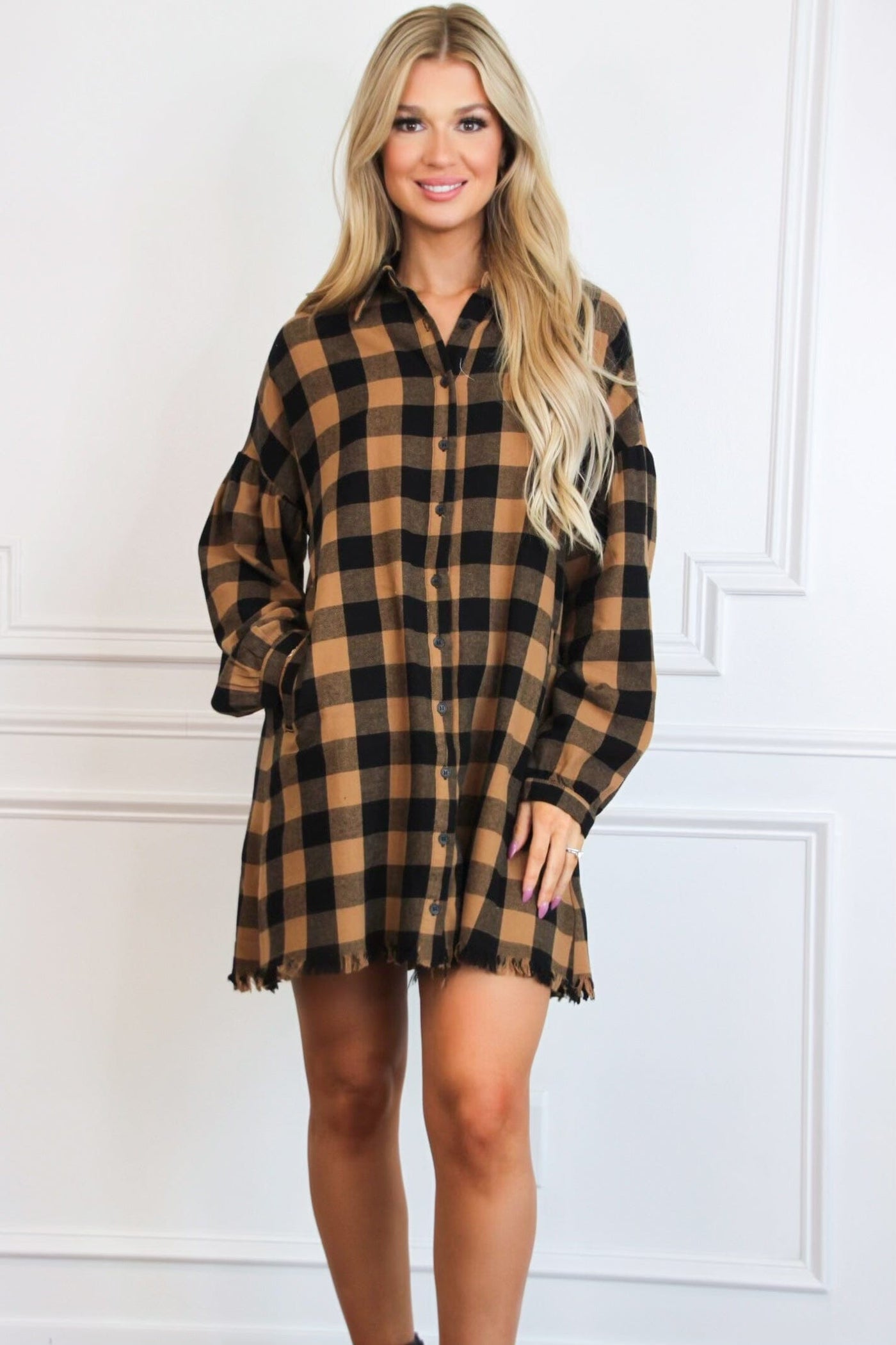 Pumpkin Patch Plaid Shirt Dress: Camel/Black - Bella and Bloom Boutique