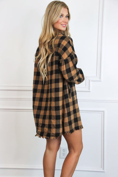 Pumpkin Patch Plaid Shirt Dress: Camel/Black - Bella and Bloom Boutique