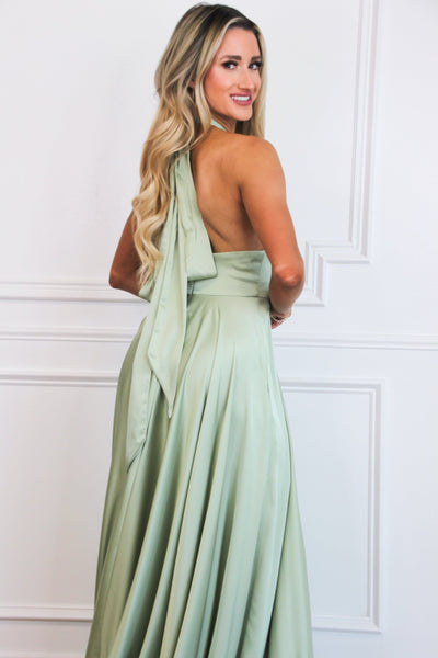 Jaycee Satin Halter Neck Slit Formal Dress: Sage - Bella and Bloom Boutique