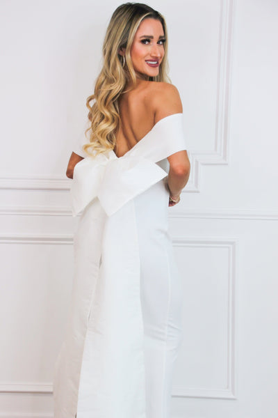 Carolina Bride Off Shoulder Bow Back Maxi Dress: White - Bella and Bloom Boutique