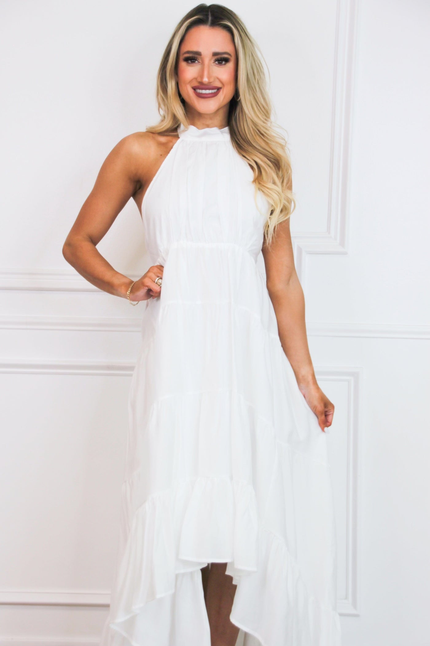 Bella and Bloom Boutique - Oh, So Fabulous Halter Ruffle Maxi Dress: White Bella and Bloom Boutique - Oh, So Fabulous Halter Ruffle Maxi Dress: White