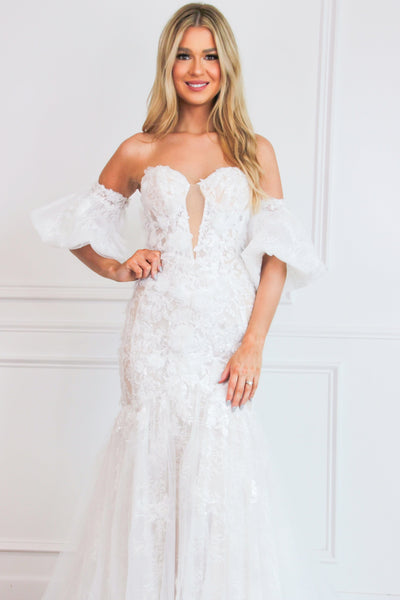 Polly Lace Floral Applique Detachable Off Shoulder Wedding Dress: Off White/Nude - Bella and Bloom Boutique