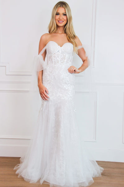 Naomi Off Shoulder Bow Lace Bustier Mermaid Wedding Dress: Off White - Bella and Bloom Boutique