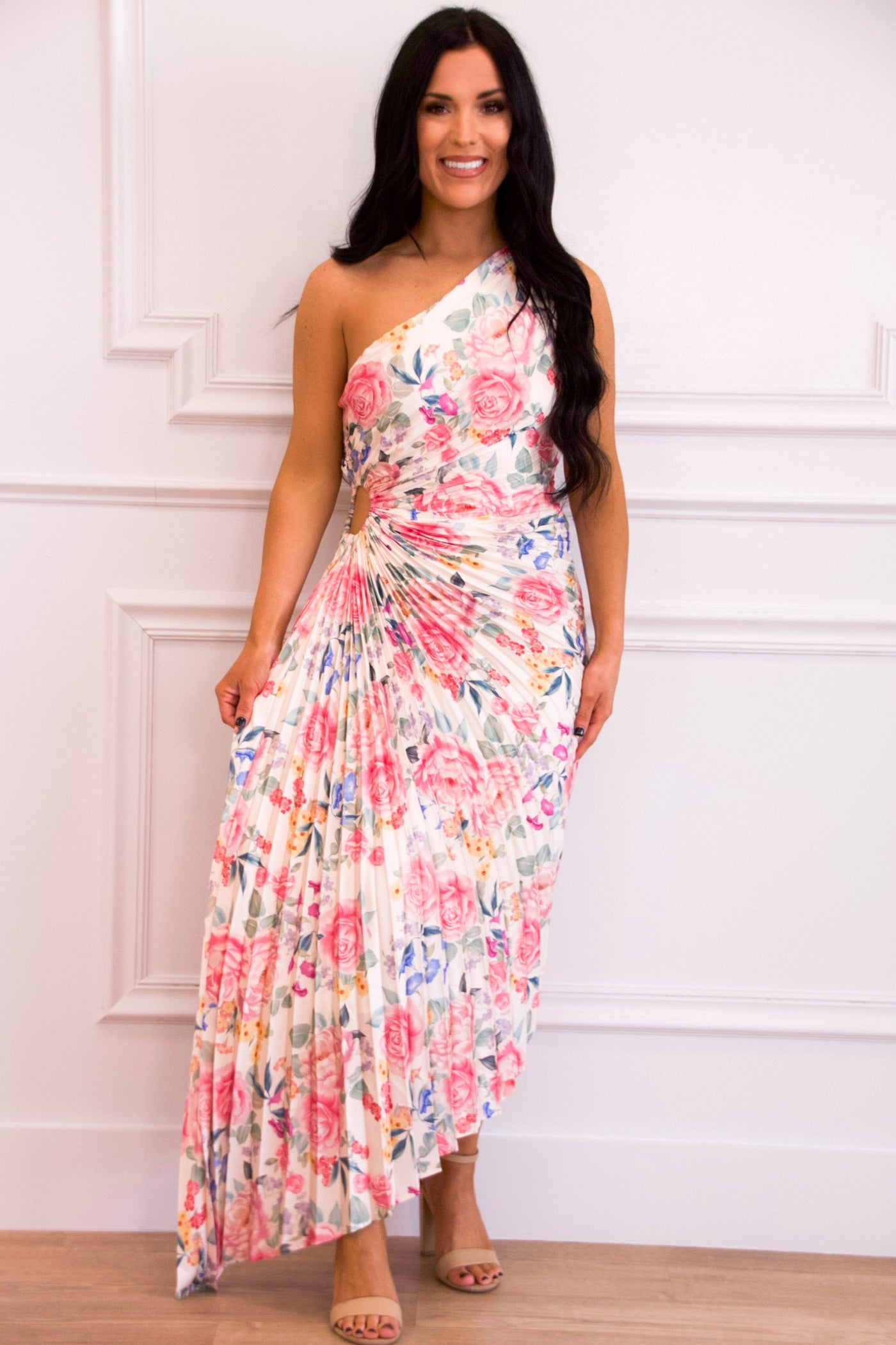 one-shoulder pleated floral dress Taupe Floral One Shoulder Pleated Asymmetrical Maxi Dress PinkBlush