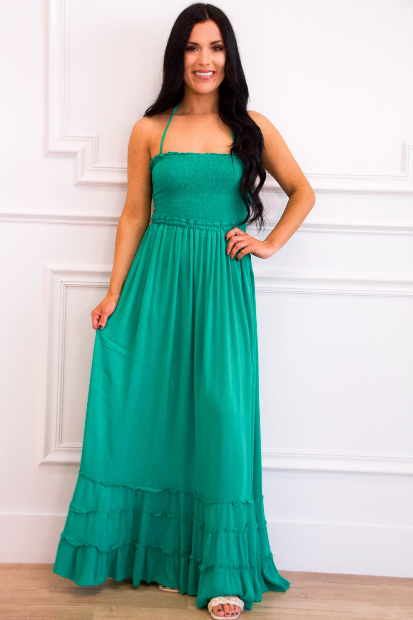 Bella and Bloom Boutique - Chandler Smocked Open Back Maxi Dress: Green Small / Green Bella and Bloom Boutique - Chandler Smocked Open Back Maxi Dress: Green Small / Green