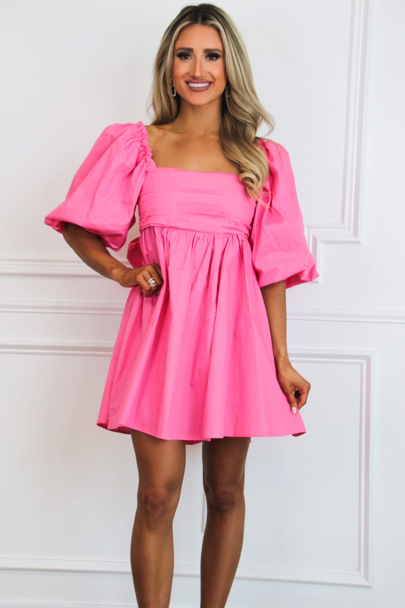 Maggie Bow Back Babydoll Dress: Hot Pink - Bella and Bloom Boutique