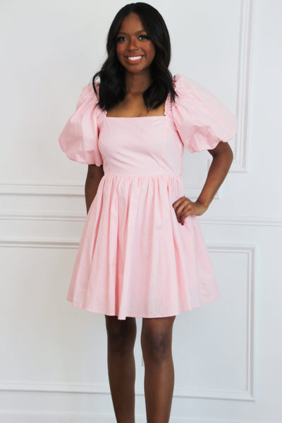 pink puffy babydoll dress babydoll dress pink Short Puff Sleeves Pink A-line Babydoll Homecoming Dress Pink / US 12