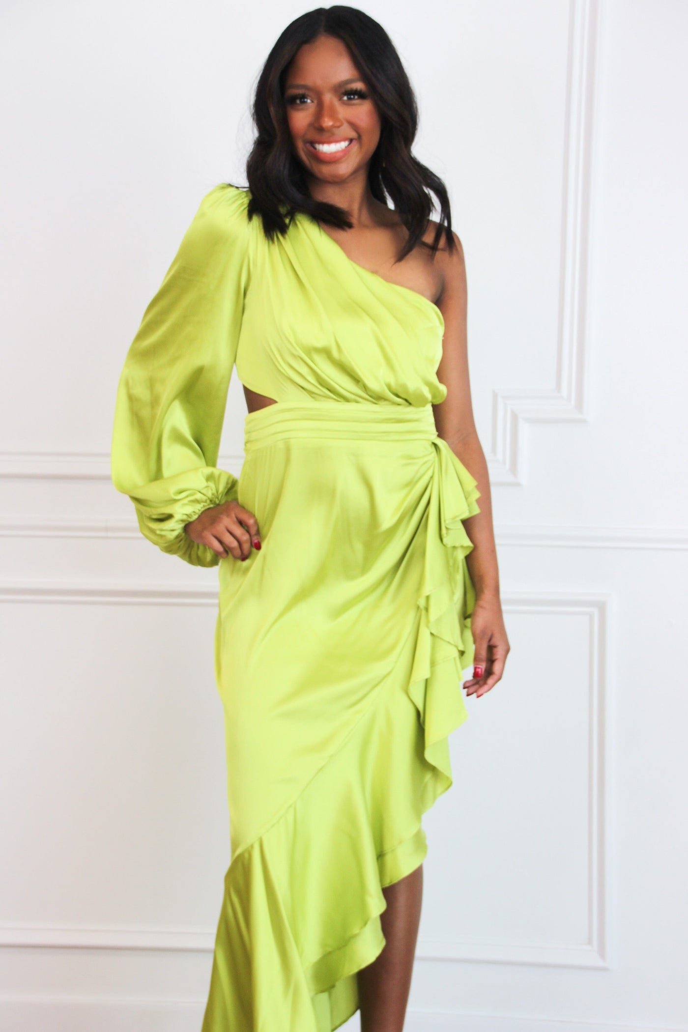 neon green one shoulder dress Bianca One Shoulder Dress