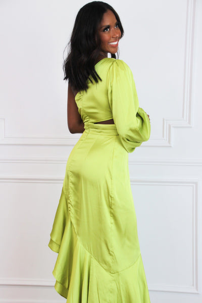 Barcelona One Shoulder Satin Ruffle Maxi Dress: Lime - Bella and Bloom Boutique