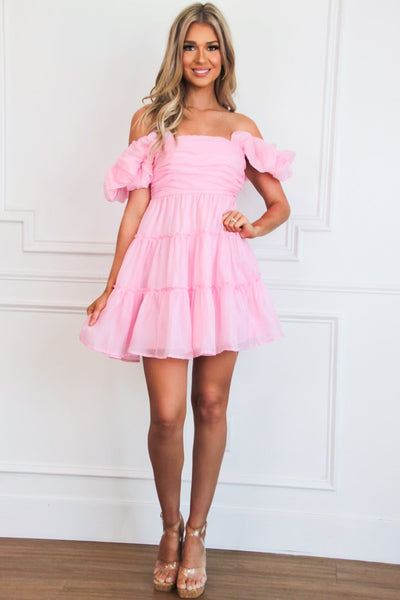 Delaney Off Shoulder Babydoll Dress: Light Pink - Bella and Bloom Boutique