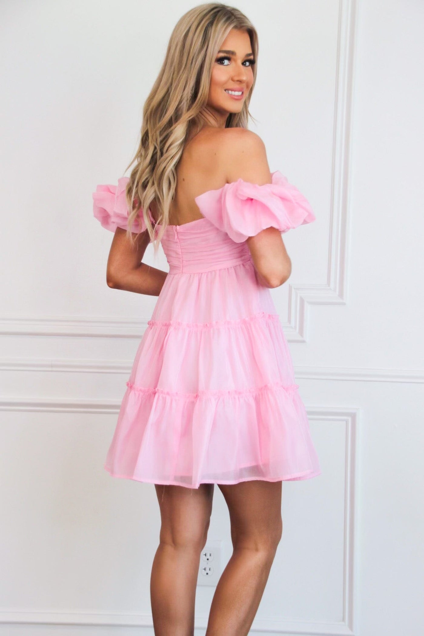 Delaney Off Shoulder Babydoll Dress: Light Pink - Bella and Bloom Boutique