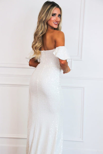 Lyla Off Shoulder Sequin Maxi Dress: White - Bella and Bloom Boutique