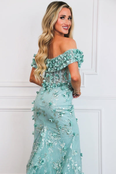 Liliana Floral Applique Formal Dress: Seafoam Sage - Bella and Bloom Boutique