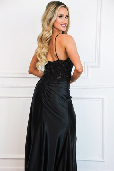 Samira Satin Sparkly Lace Slit Formal Dress: Black - Bella and Bloom Boutique
