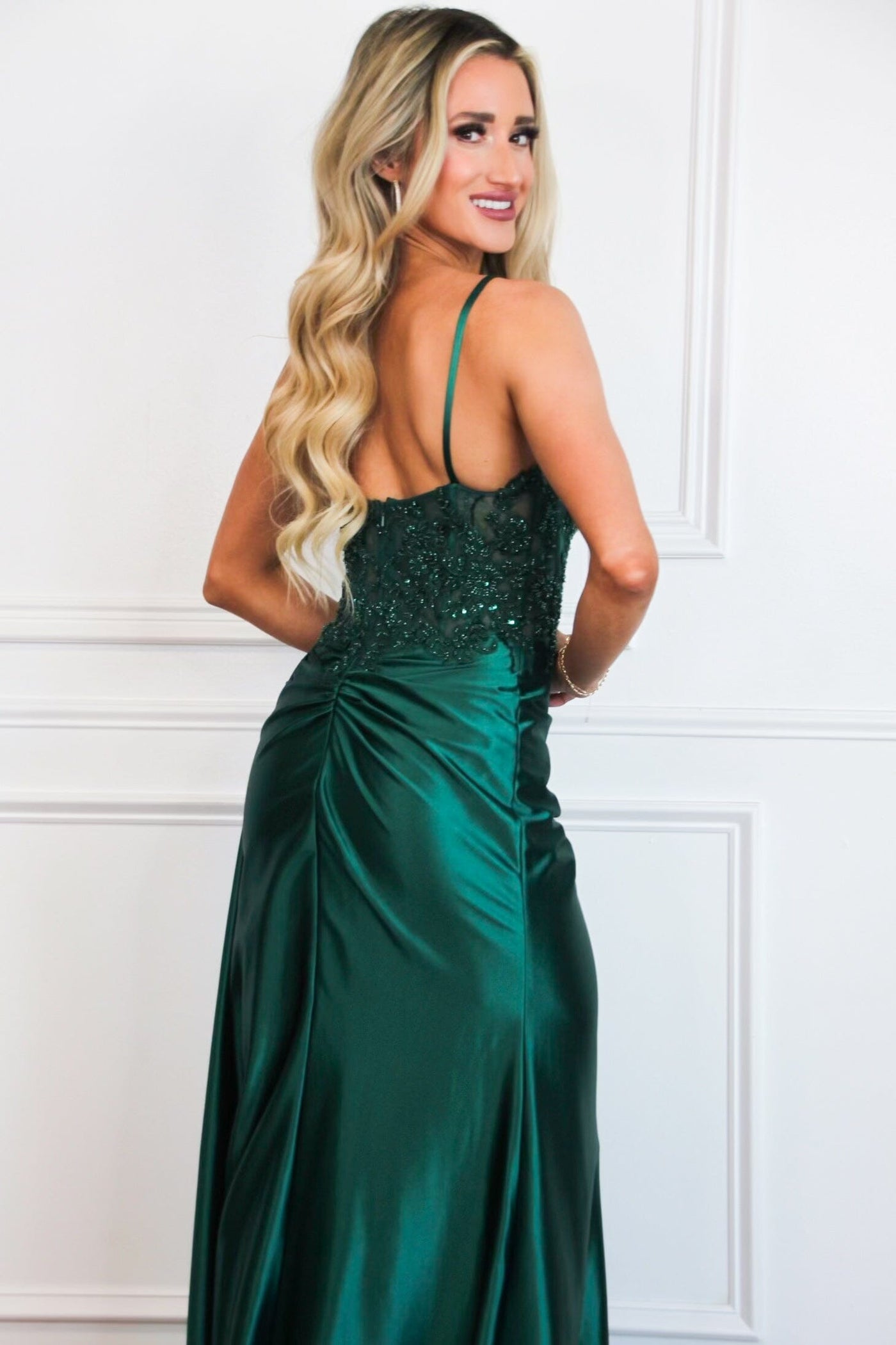 Victoria Sparkly Lace Satin Bustier Formal Dress: Emerald - Bella and Bloom Boutique