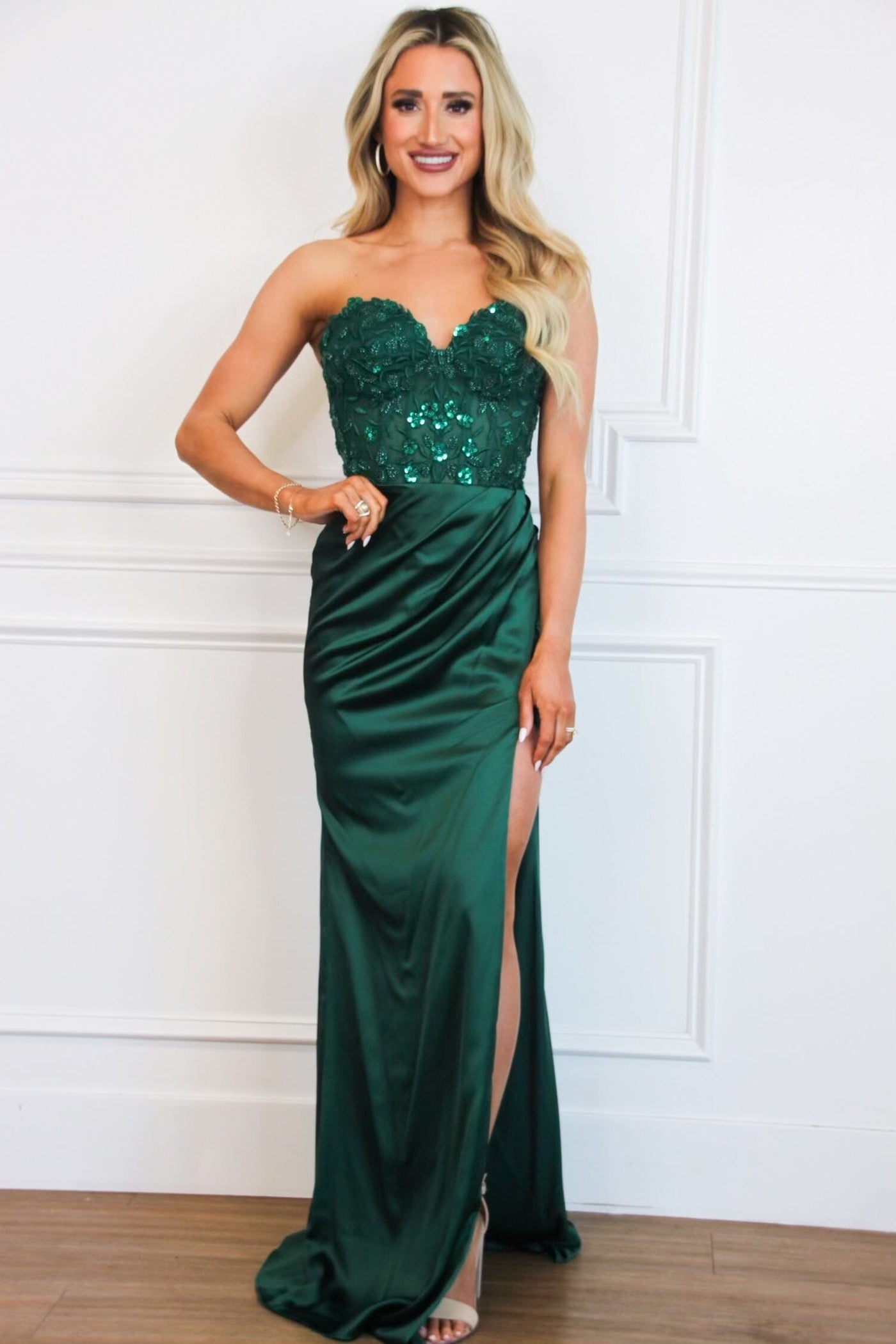 Sutton Satin Lace Bustier Slit Formal Dress: Emerald - Bella and Bloom Boutique