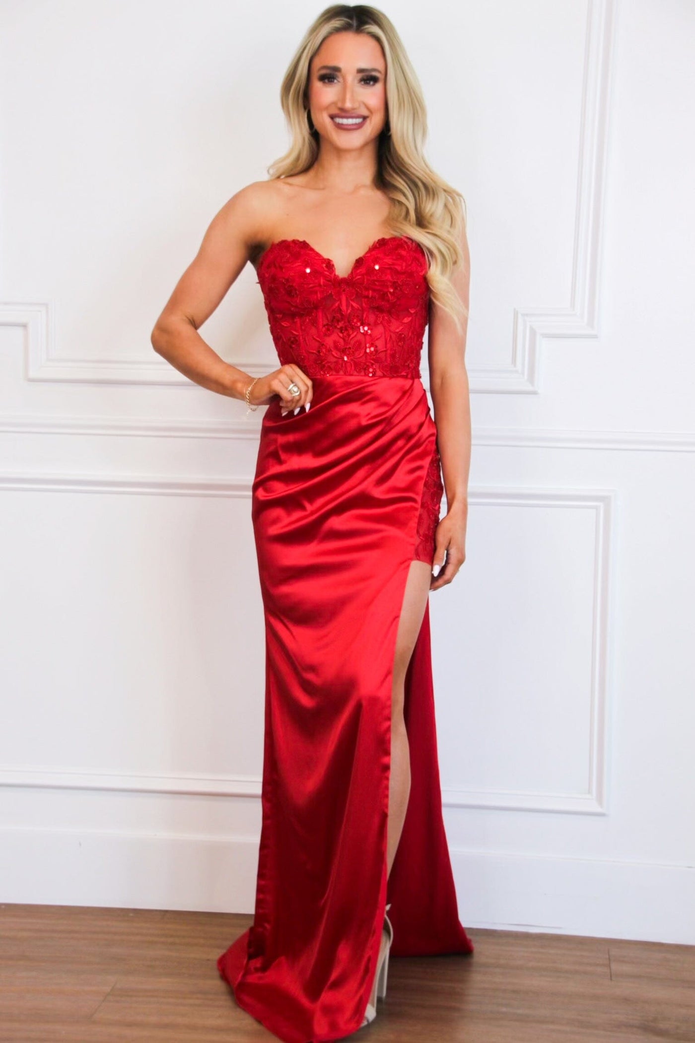 Sutton Satin Lace Bustier Slit Formal Dress: Red - Bella and Bloom Boutique