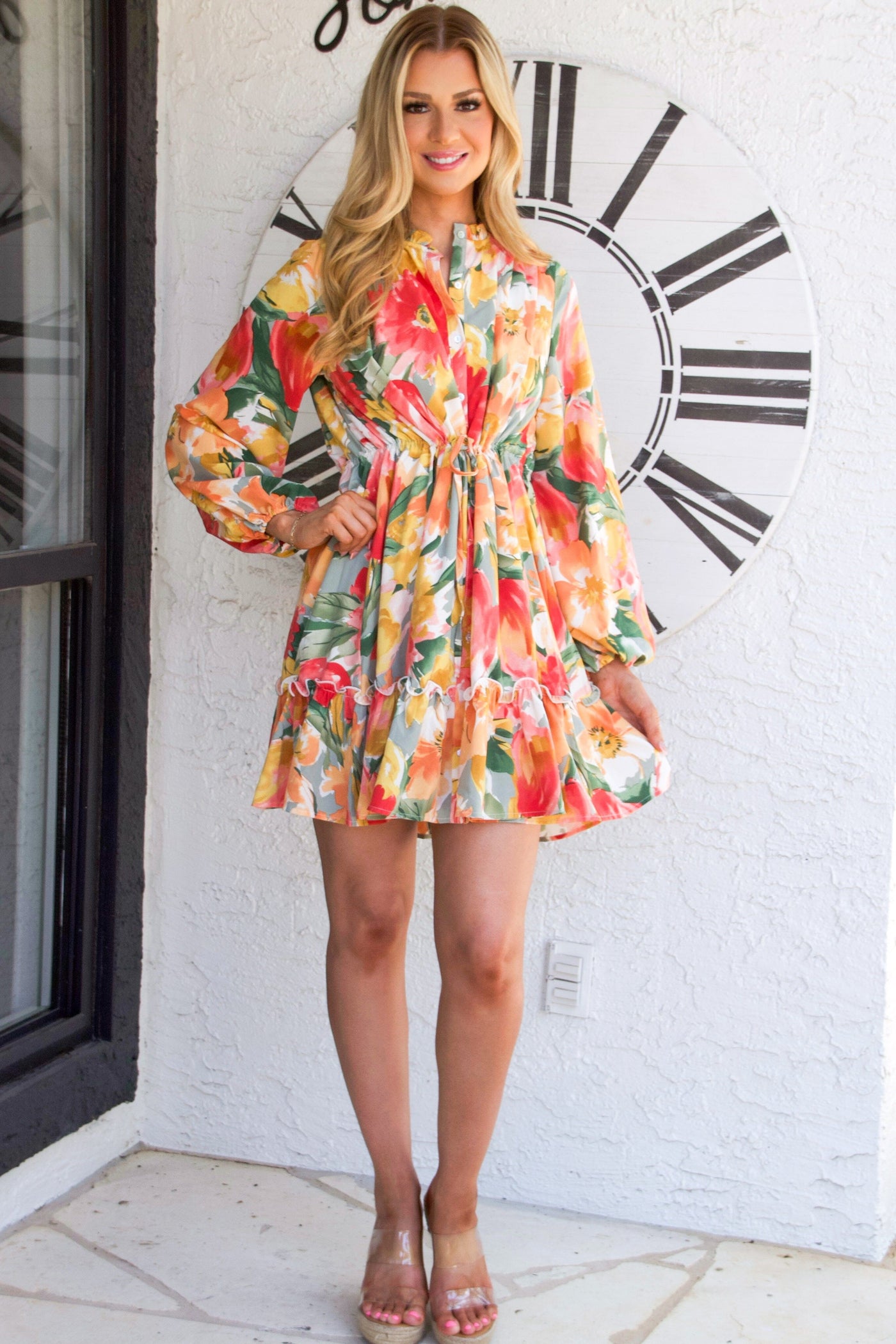Floral Bliss Long Sleeve Cinched Dress: Multi - Bella and Bloom Boutique
