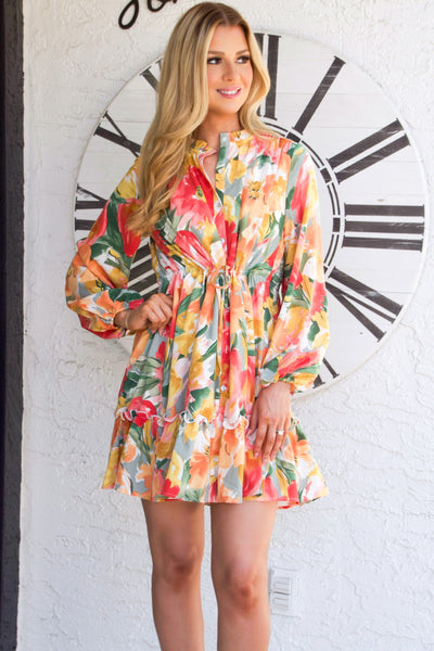 Floral Bliss Long Sleeve Cinched Dress: Multi - Bella and Bloom Boutique
