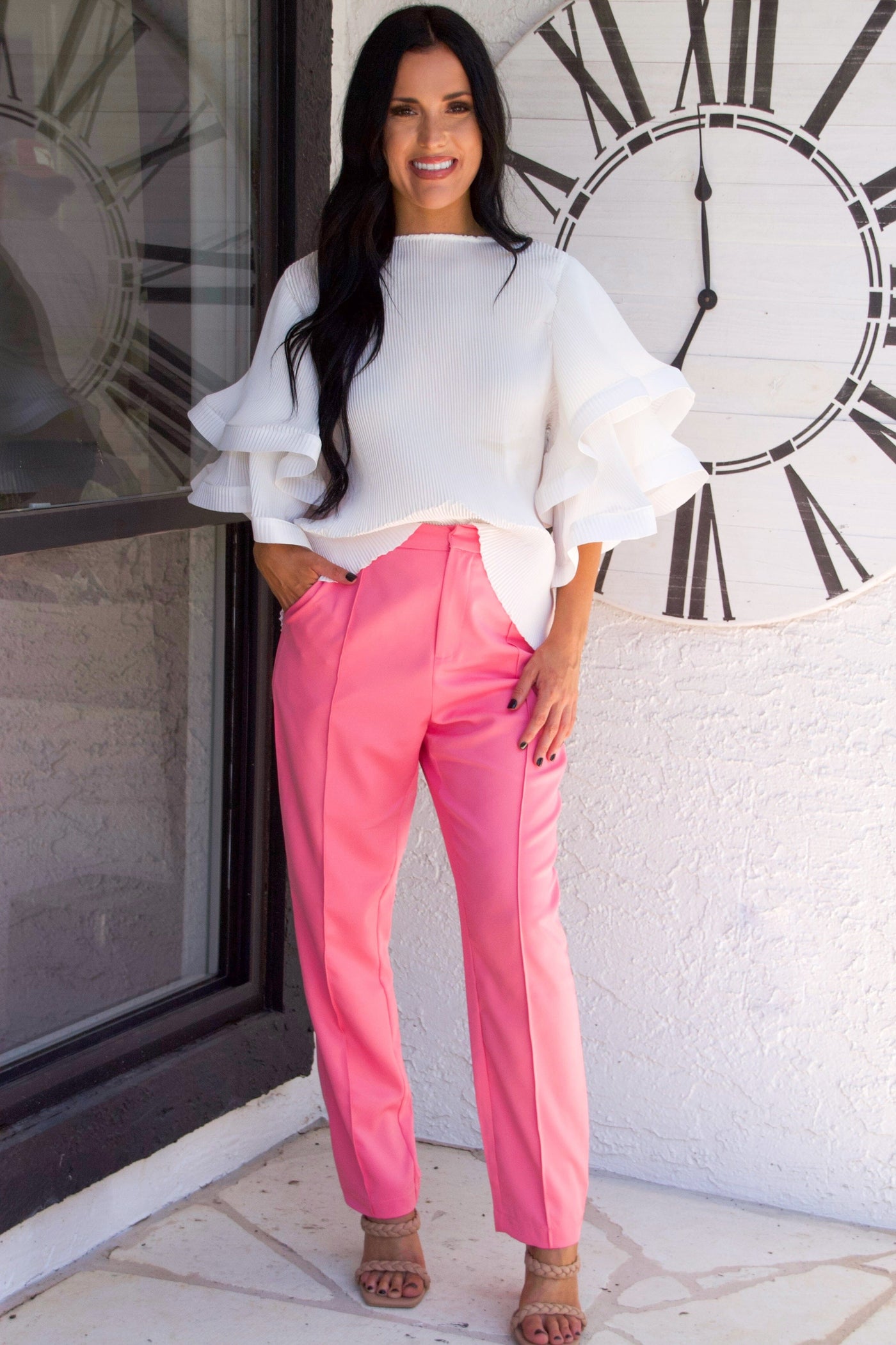 Meghan High Waisted Pants: Bright Pink - Bella and Bloom Boutique