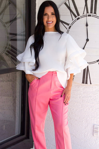 Meghan High Waisted Pants: Bright Pink - Bella and Bloom Boutique