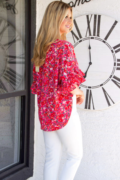 Floral Muse Ruffle Top: Hot Pink Multi - Bella and Bloom Boutique
